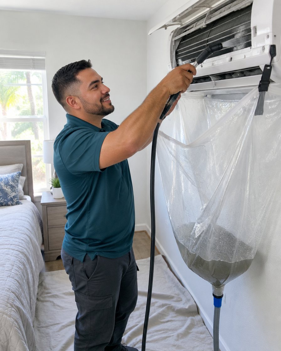 Técnico lavando un aire con la bolsa de lavado puesta